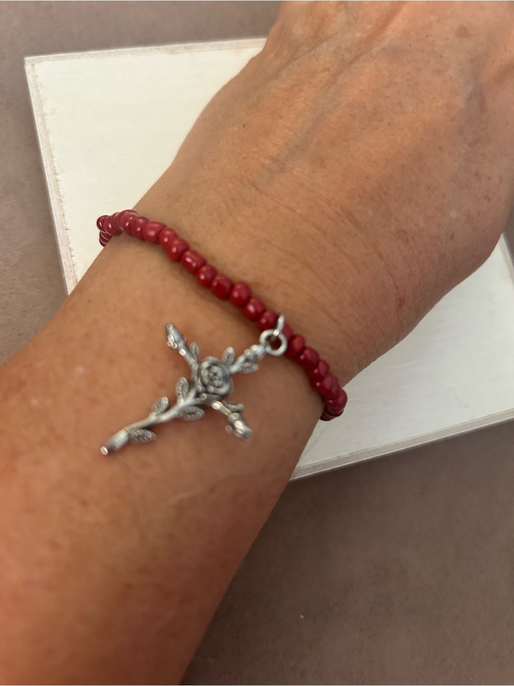 Red Beaded Bracelet Silver Rose Cross Charm/ Belle